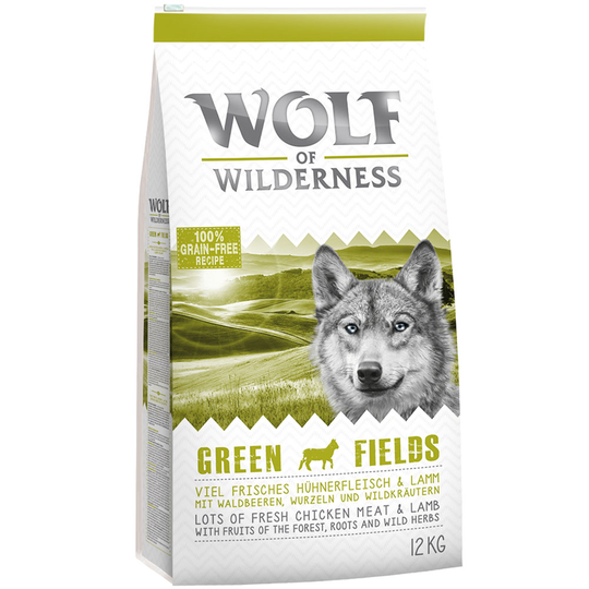 Blandat ekonomipack: 2 x 12 kg Wolf of Wilderness hundmat - Green Fields + Sunny Glade