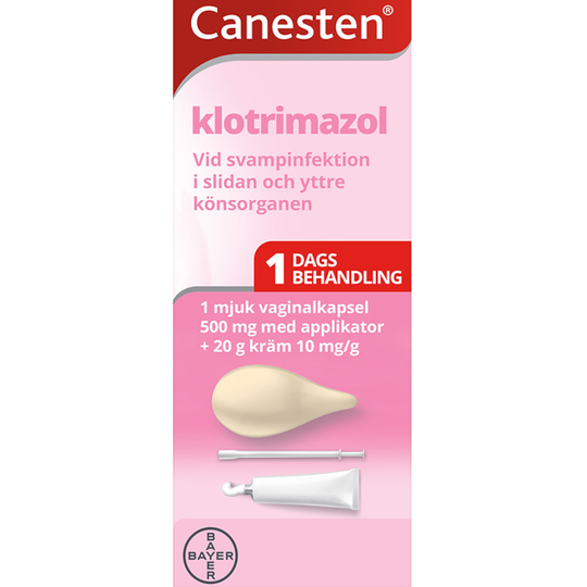 Canesten Vaginalkapsel, mjuk + kräm 500mg+10mg/g Blister, 1vaginalkapsel + Tub, 20gram vaginalkräm