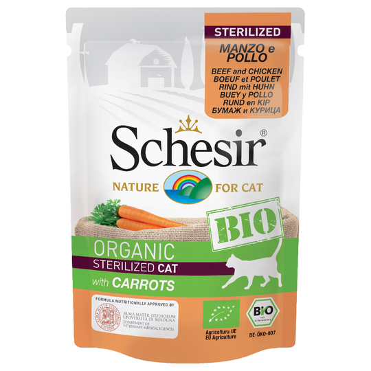Ekonomipack: Schesir Bio Pouch 24 x 85 g - Sterilized eko nötkött & eko kyckling med eko morötter