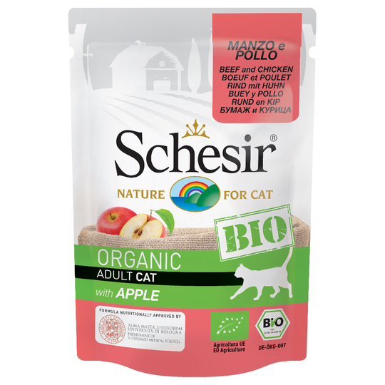 Ekonomipack: Schesir Bio Pouch 24 x 85 g - Eko nötkött & eko kyckling med eko äpplen