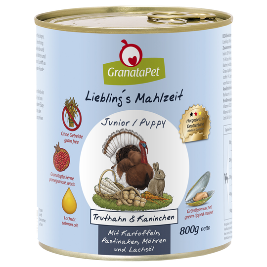 Ekonomipack: GranataPet Liebling's Mahlzeit 12 x 800 g - Junior Kalkon & kanin med potatis, palsternacka & laxolja