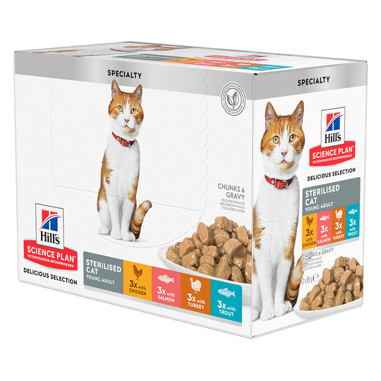 9 + 3 på köpet! 12 x 85 g Hill's Science Plan kattmat - Young Adult Sterilised Chicken, Salmon, Turkey, Trout