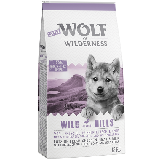 Blandat ekonomipack: 2 x 12 kg Wolf of Wilderness hundmat - Wild Hills + Sunny Glade