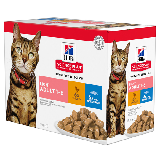 9 + 3 på köpet! 12 x 85 g Hill's Science Plan kattmat - Adult Light: Fish Selection