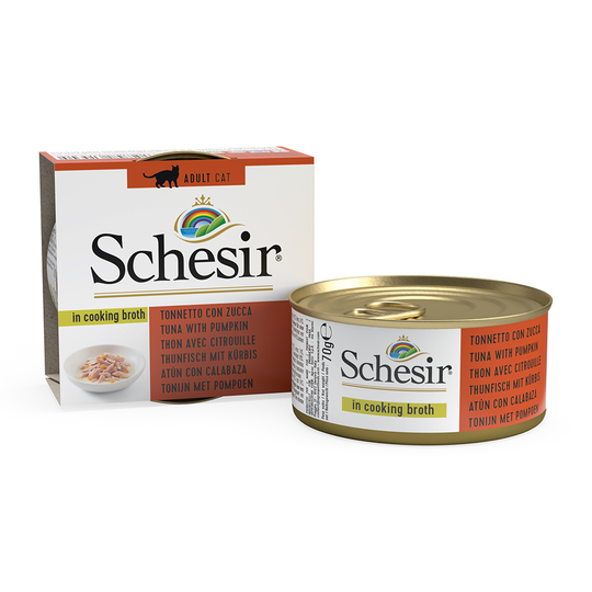 Ekonomipack: Schesir i buljong burk 48 x 70 g - Tonfisk & pumpa