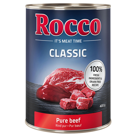 Rocco Classic provmix 6 x 400 g - Exklusiv-mix: Nötkött pur, Nötkött & lax, Nötkött & anka