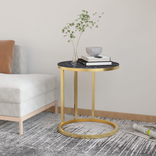 vidaXL Sidobord guld och svart marmor 45 cm härdat glas