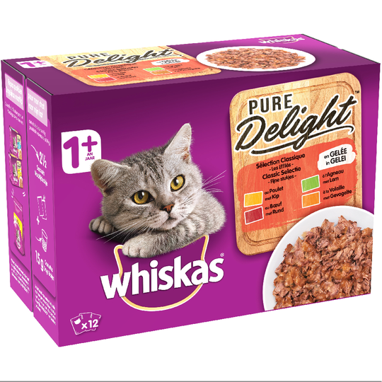 Multipack Whiskas 1+ Adult portionspåse 24 x 85/100 g - Pure Delight Klassiskt urval i gelé (24 x 85 g)